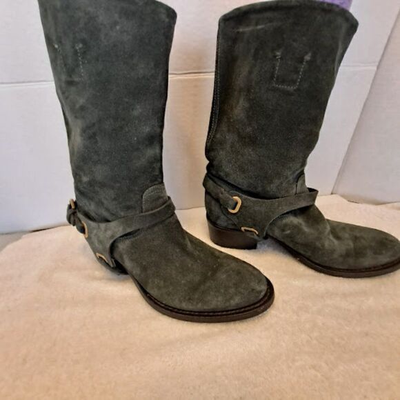 Ralph Lauren Collection Harness Boots Italy Green Suede 1.5" Cowgirl Heel Buckle - Picture 7 of 15